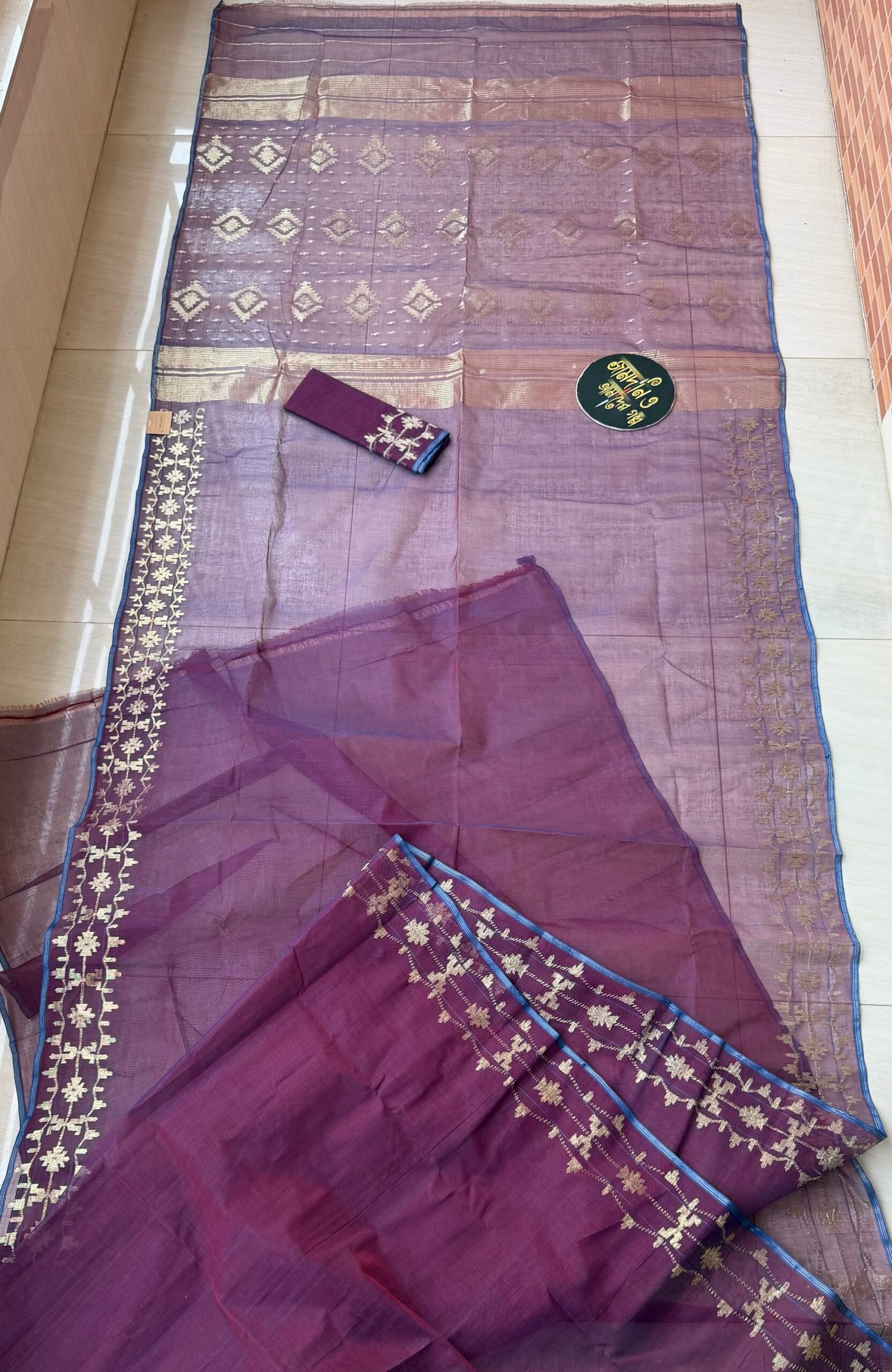 Jamdani Saree Cotton Maroon Blue Dual - Image 4