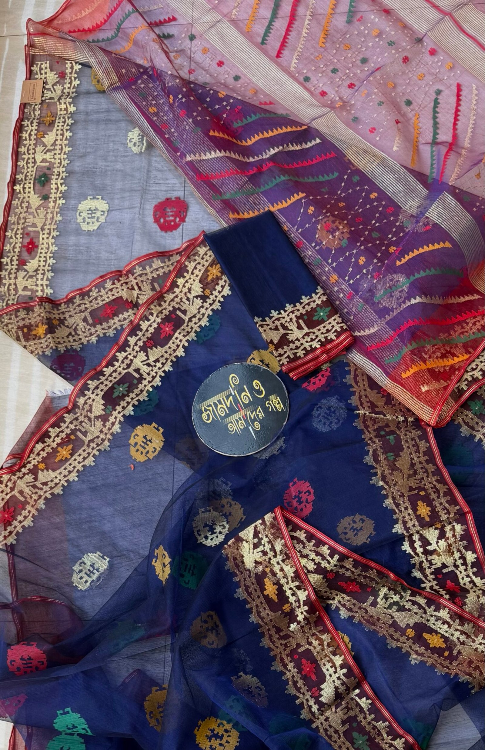 Jamdani Saree Half Silk Navy Blue - Image 2