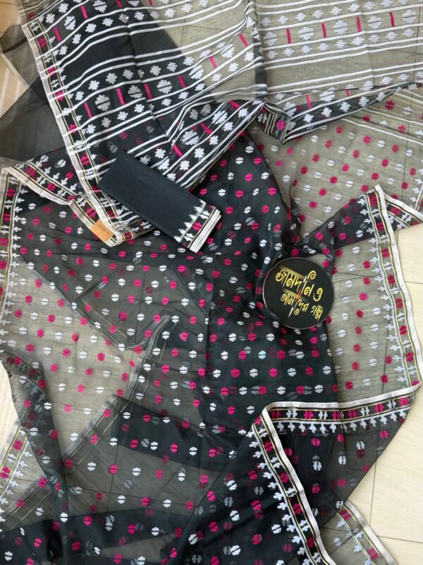 Jamdani Saree Half Silk Dark Green and Black Dual