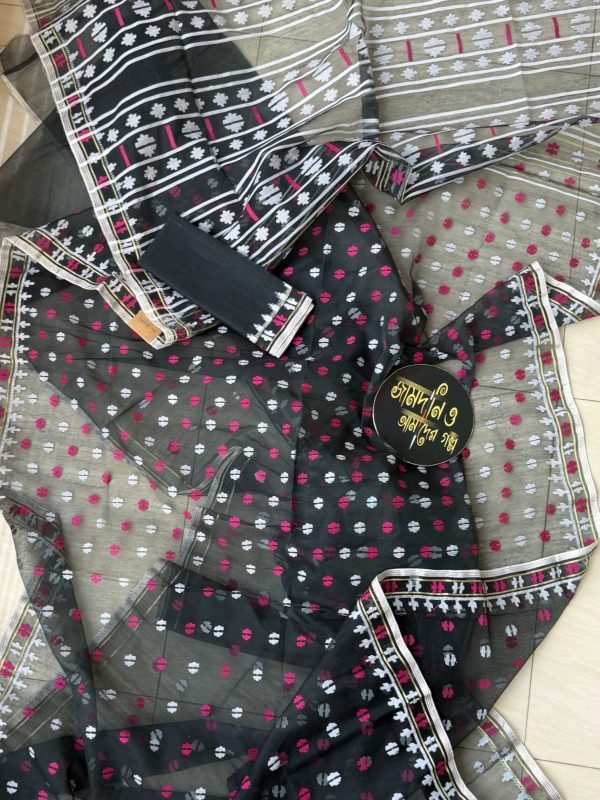Jamdani Saree Half Silk Dark Green and Black Dual