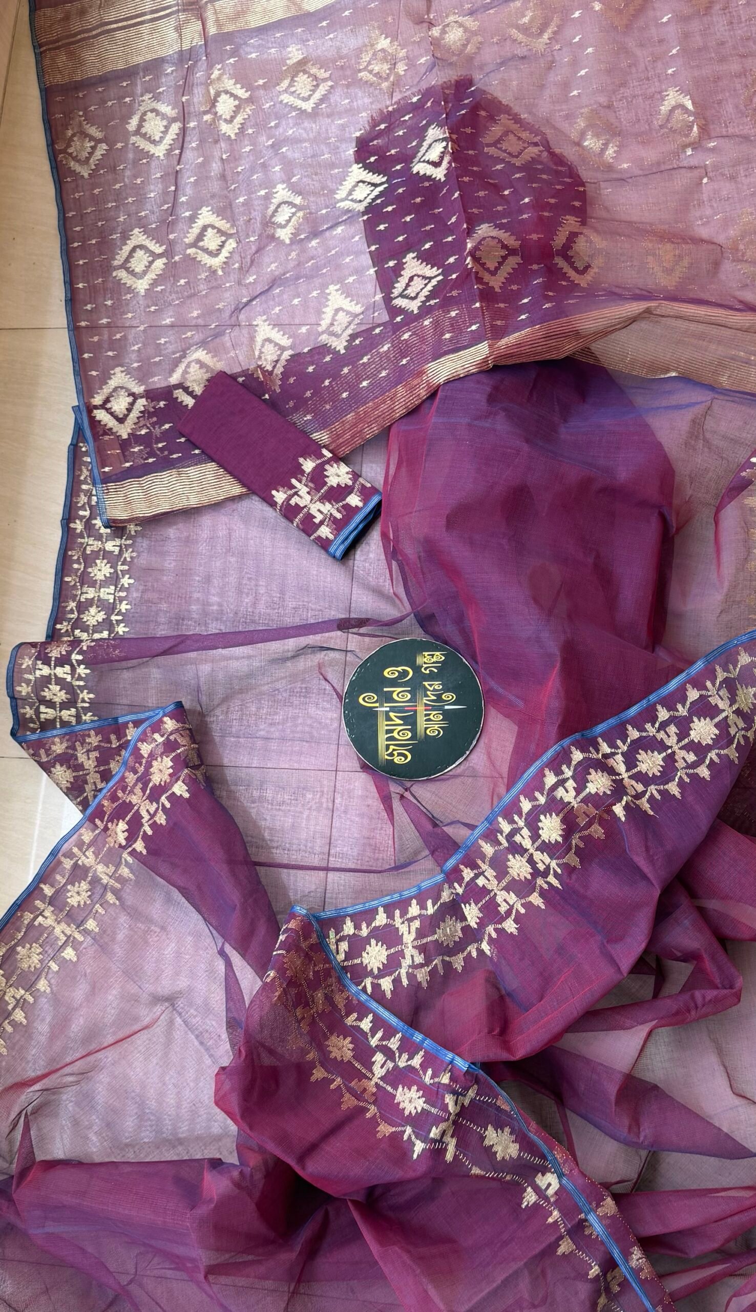 Jamdani Saree Cotton Maroon Blue Dual - Image 2