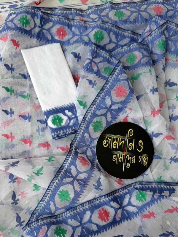 Jamdani Saree Half Silk White Blue
