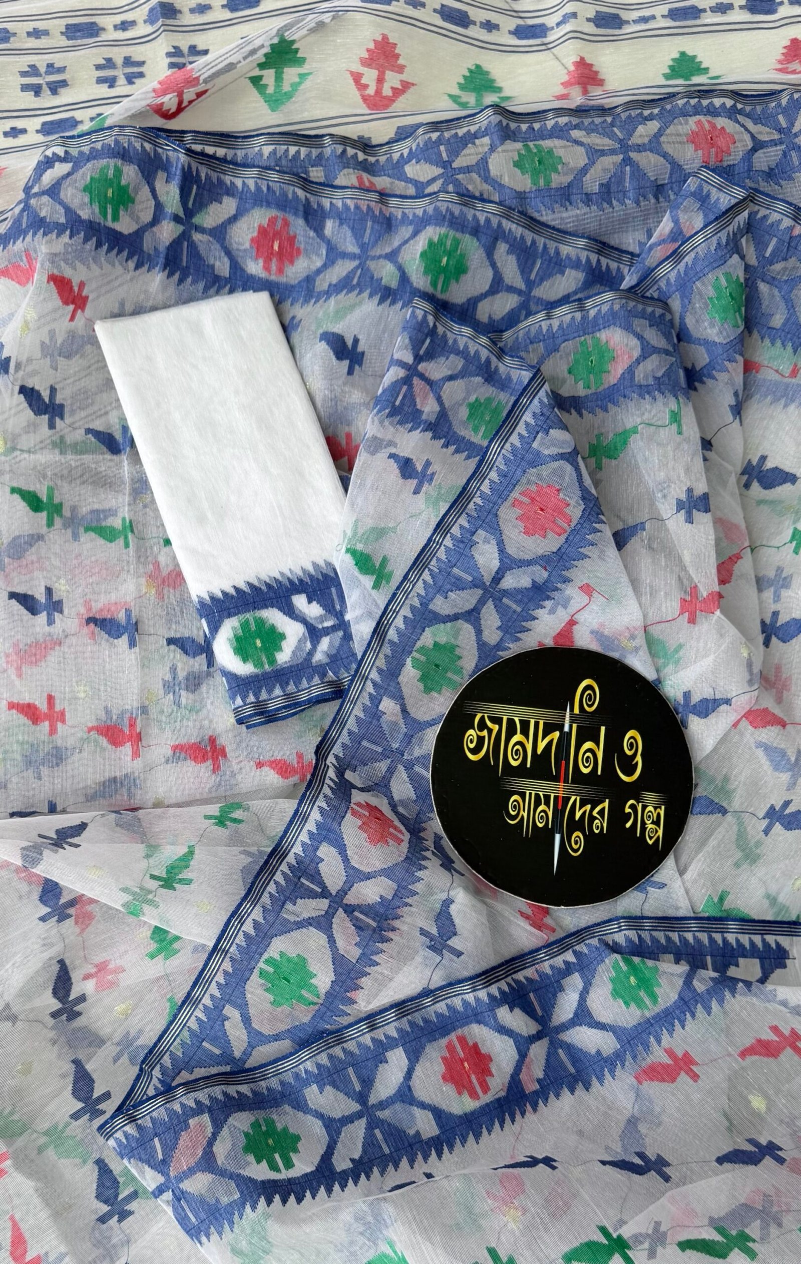 Jamdani Saree Half Silk White Blue