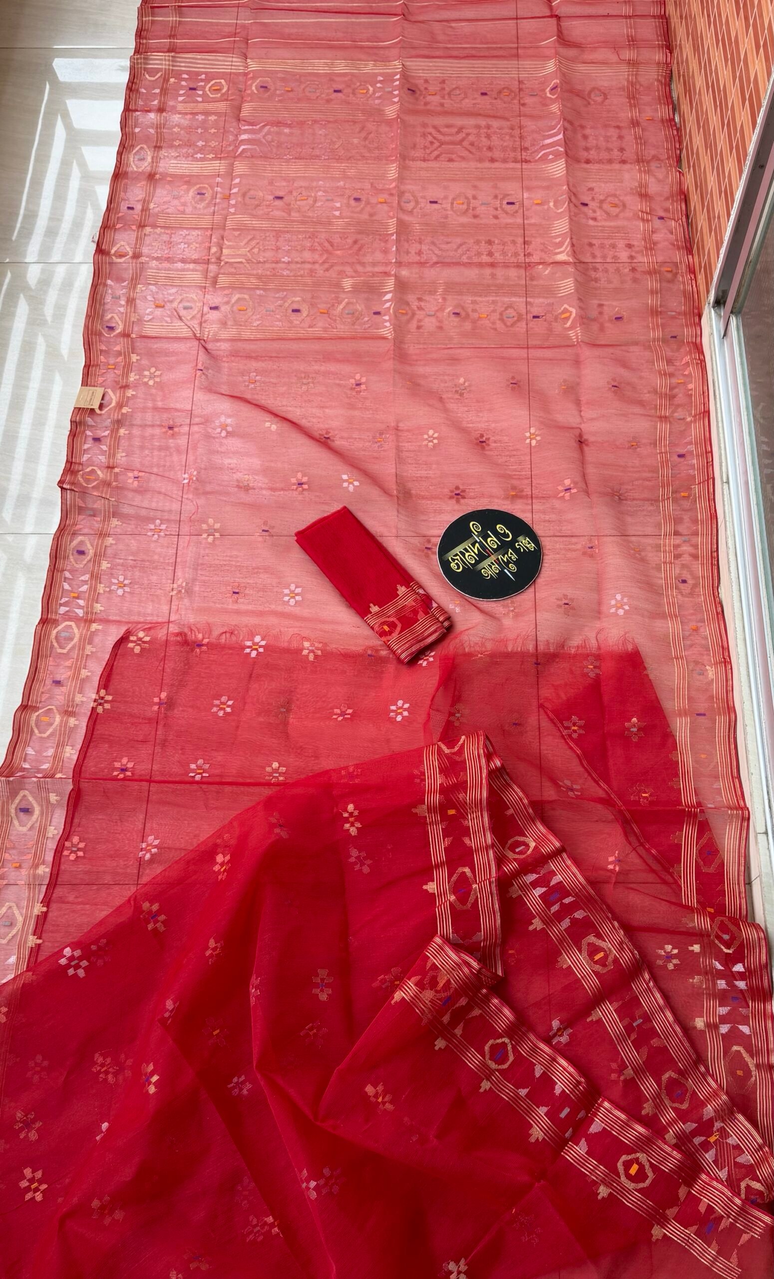 Jamdani Saree Halfsilk Red - Image 3