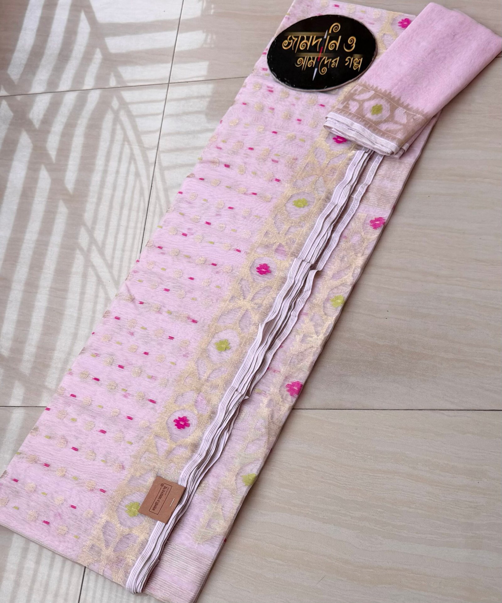 Jamdani Saree Half Silk Light Baby Pink - Image 3