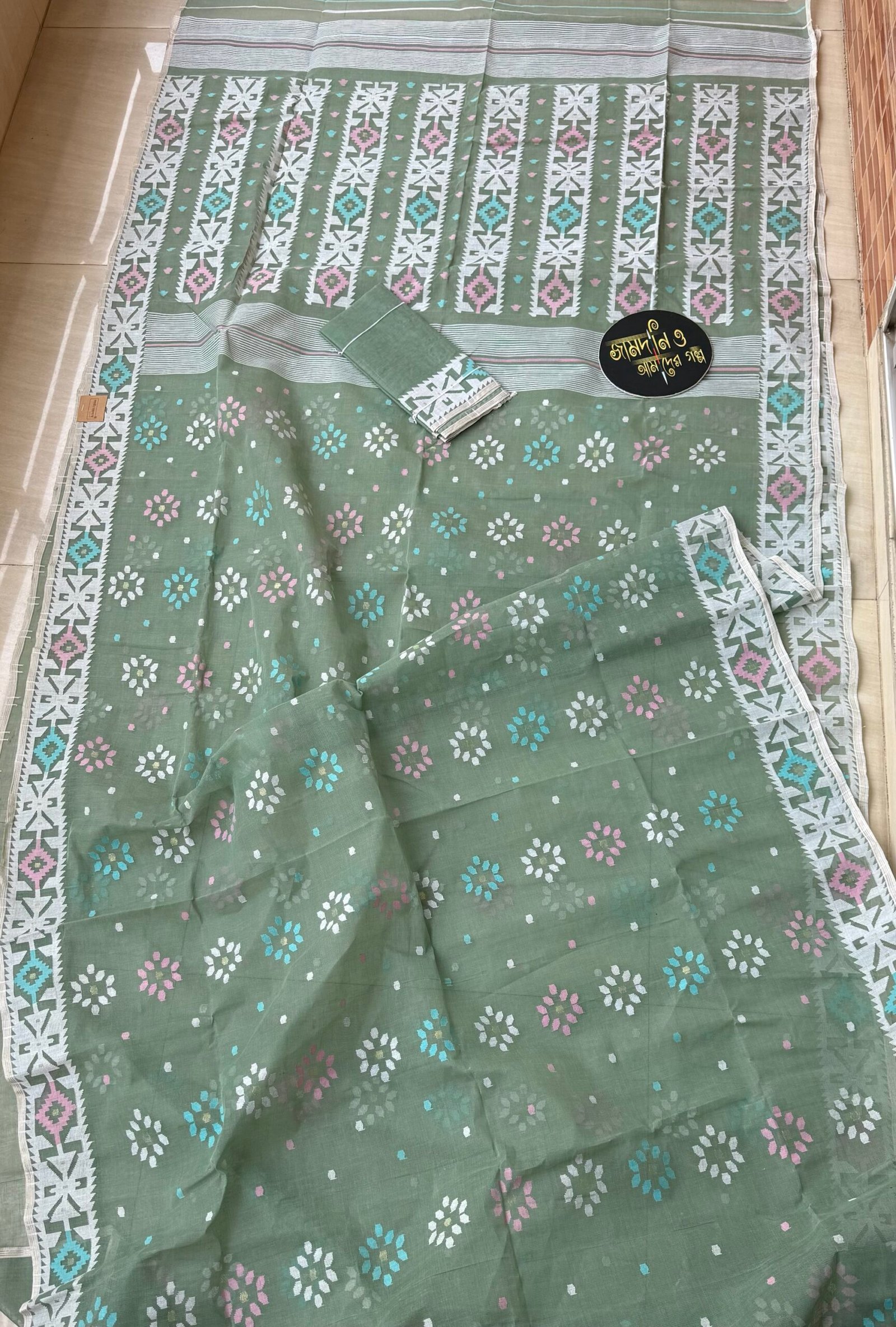 Jamdani Saree Cotton Mint / Shawla - Image 2