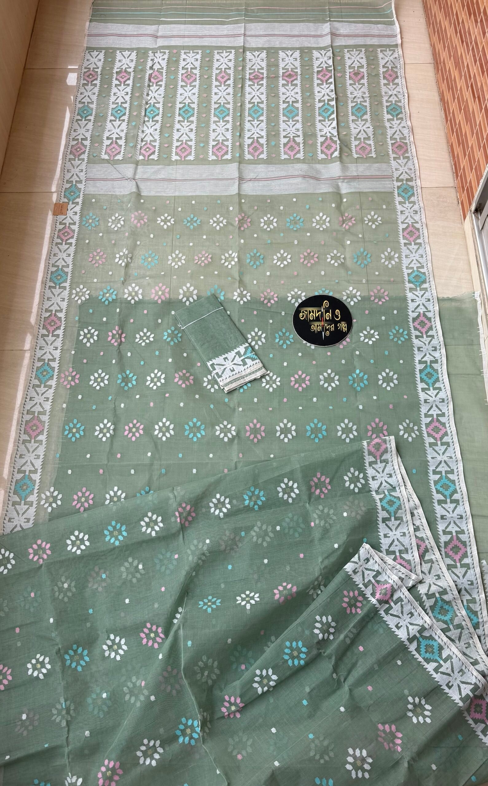 Jamdani Saree Cotton Mint / Shawla - Image 3