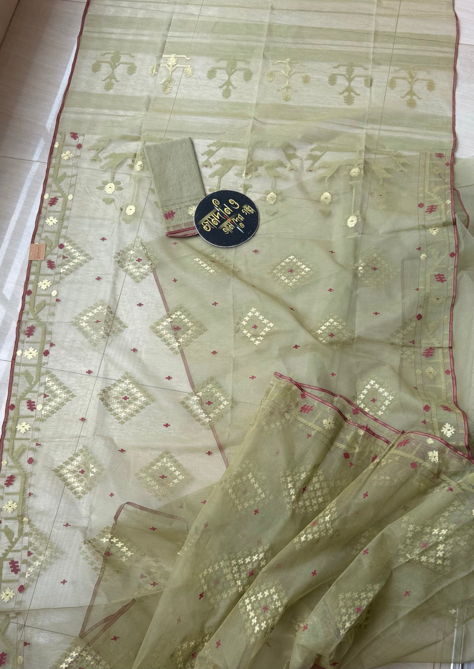 Jamdani Saree Halfsilk Pastel Olive
