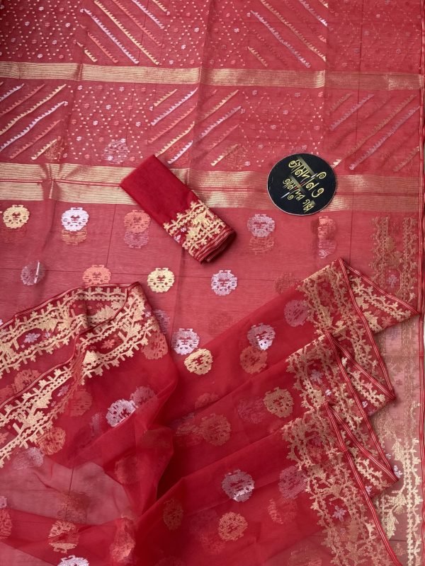 Jamdani Saree Half Silk Red