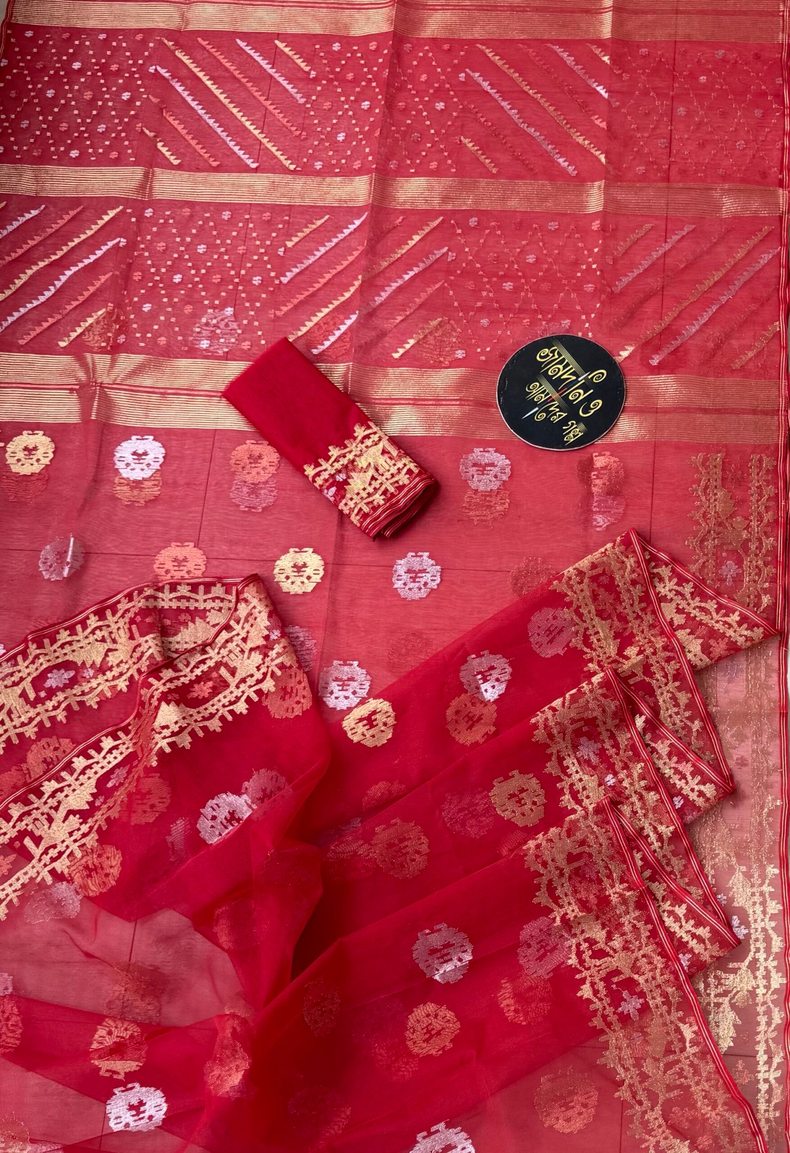 Jamdani Saree Half Silk Red