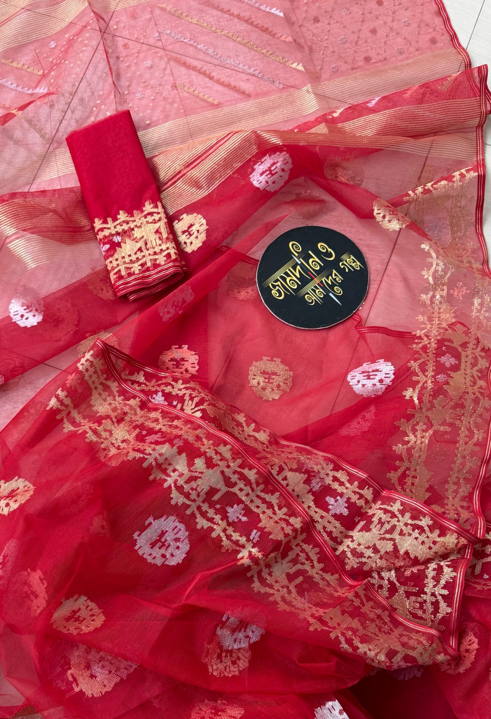 Jamdani Saree Half Silk Red - Image 2