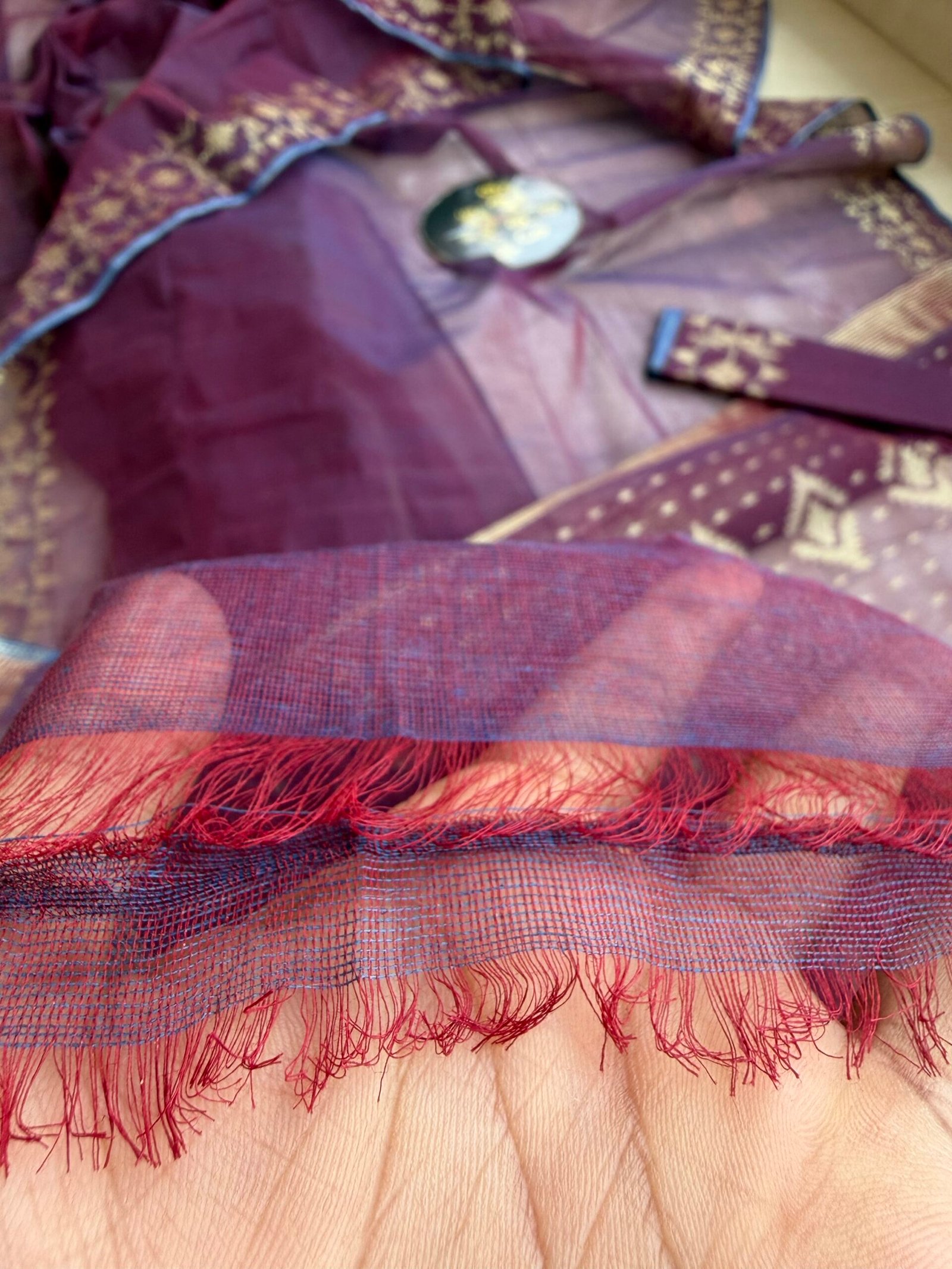 Jamdani Saree Cotton Maroon Blue Dual - Image 3