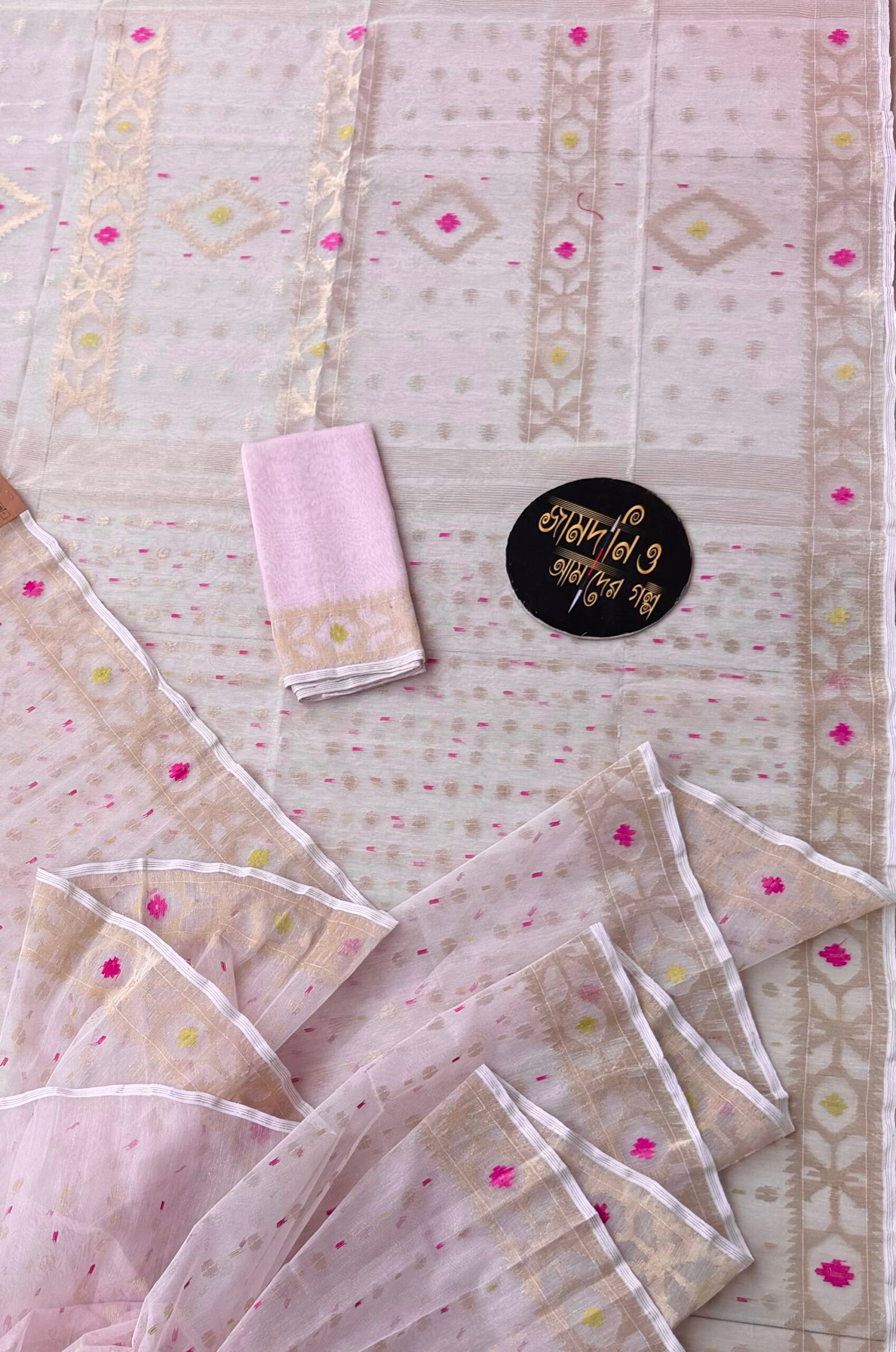 Jamdani Saree Half Silk Light Baby Pink - Image 2