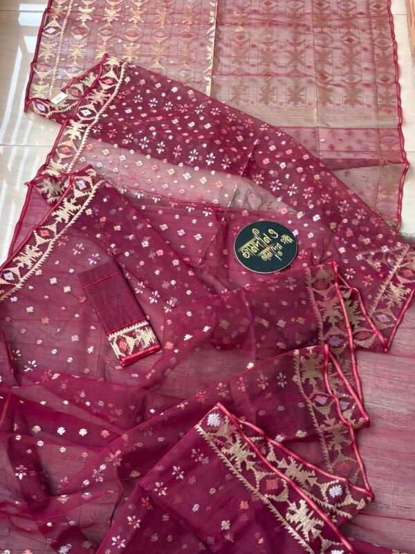 Jamdani saree Halfsilk Deep Green Wine Maroon  Dual colour