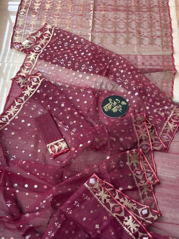 Jamdani saree Halfsilk Deep Green Wine Maroon  Dual colour