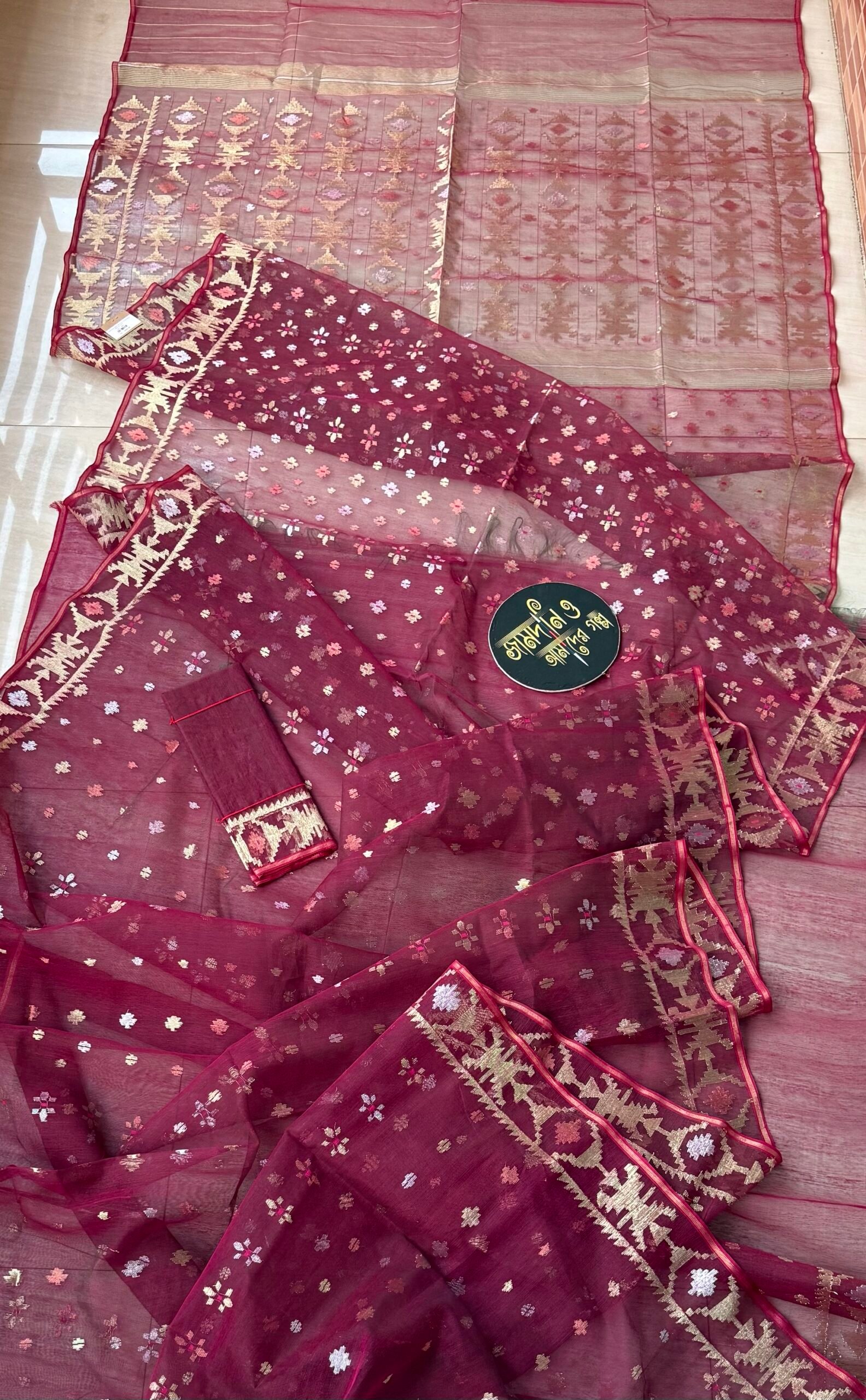 Jamdani saree Halfsilk Deep Green Wine Maroon Dual colour