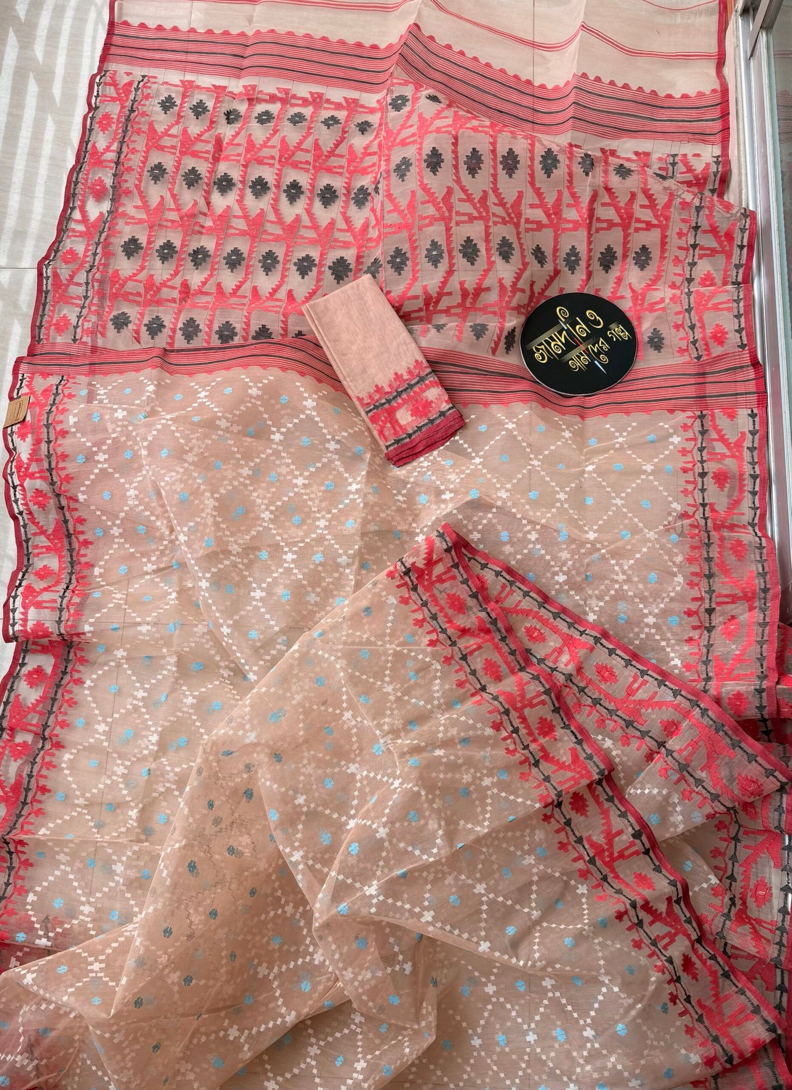 Jamdani Saree Halfsilk Peach Color - Image 3