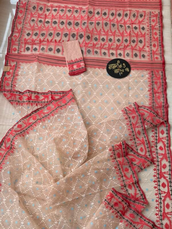 Jamdani Saree Halfsilk Peach Color