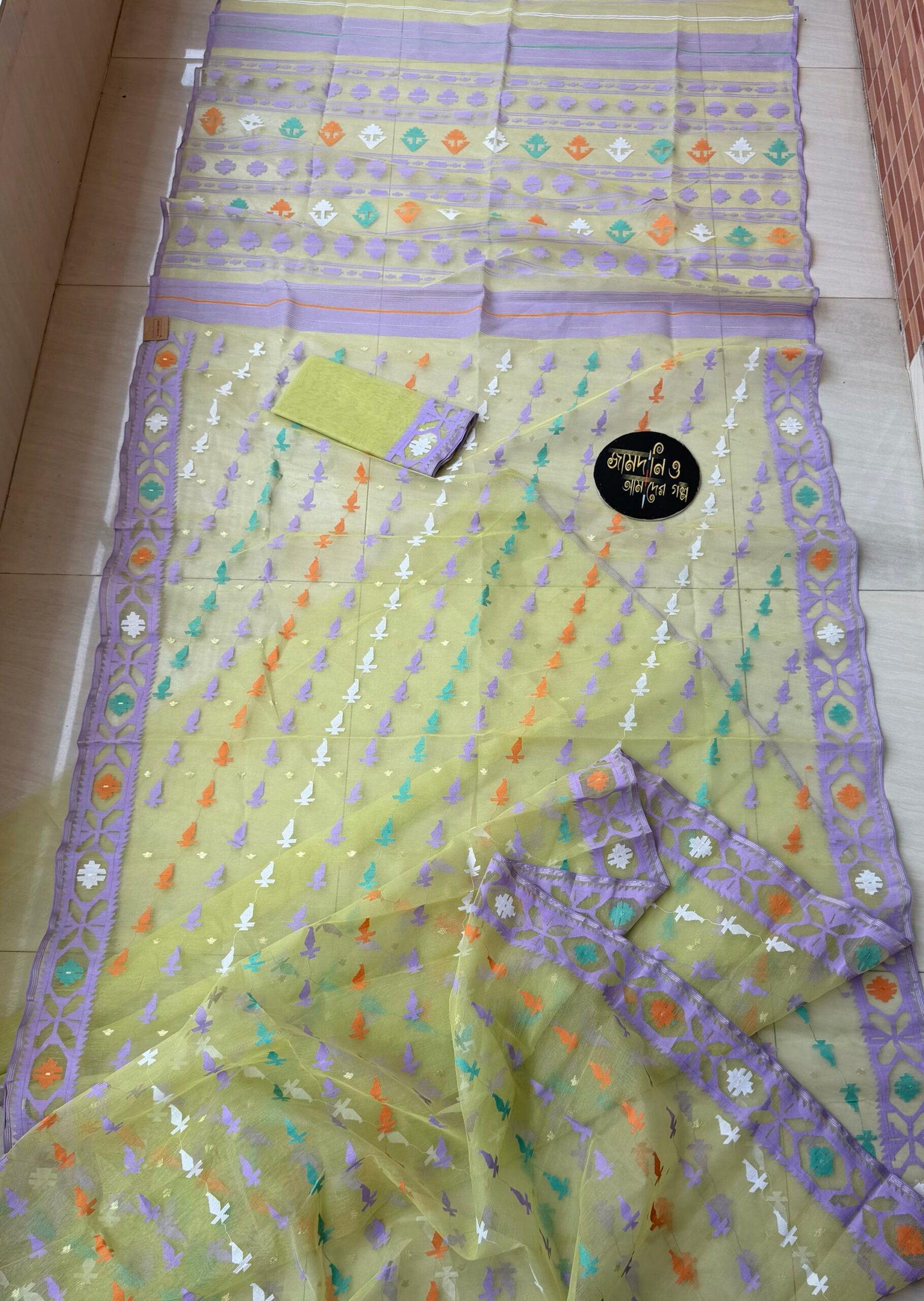 Jamdani Saree Half Silk Light Lemon - Image 4