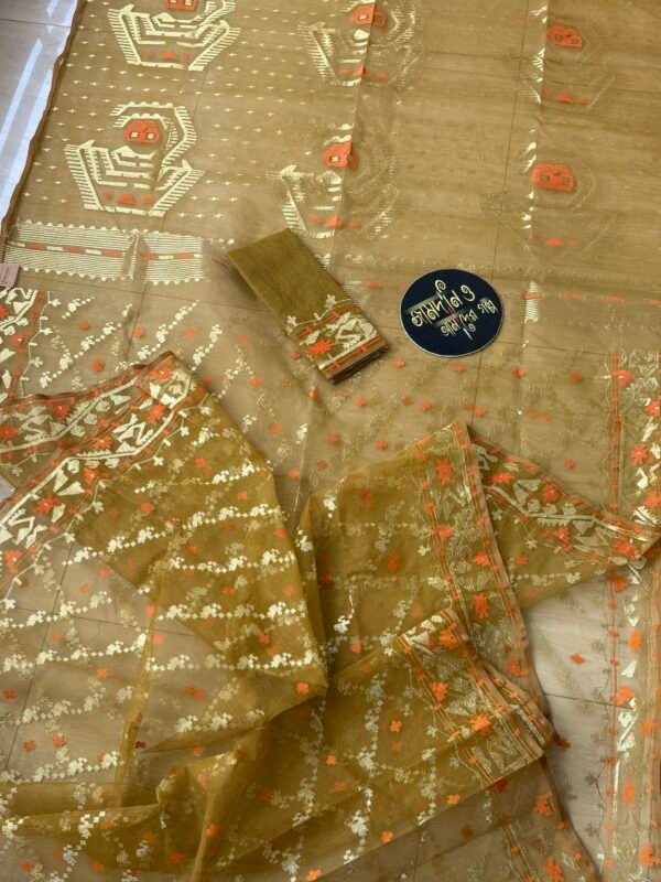 Jamdani Saree Halfsilk Olive Golden